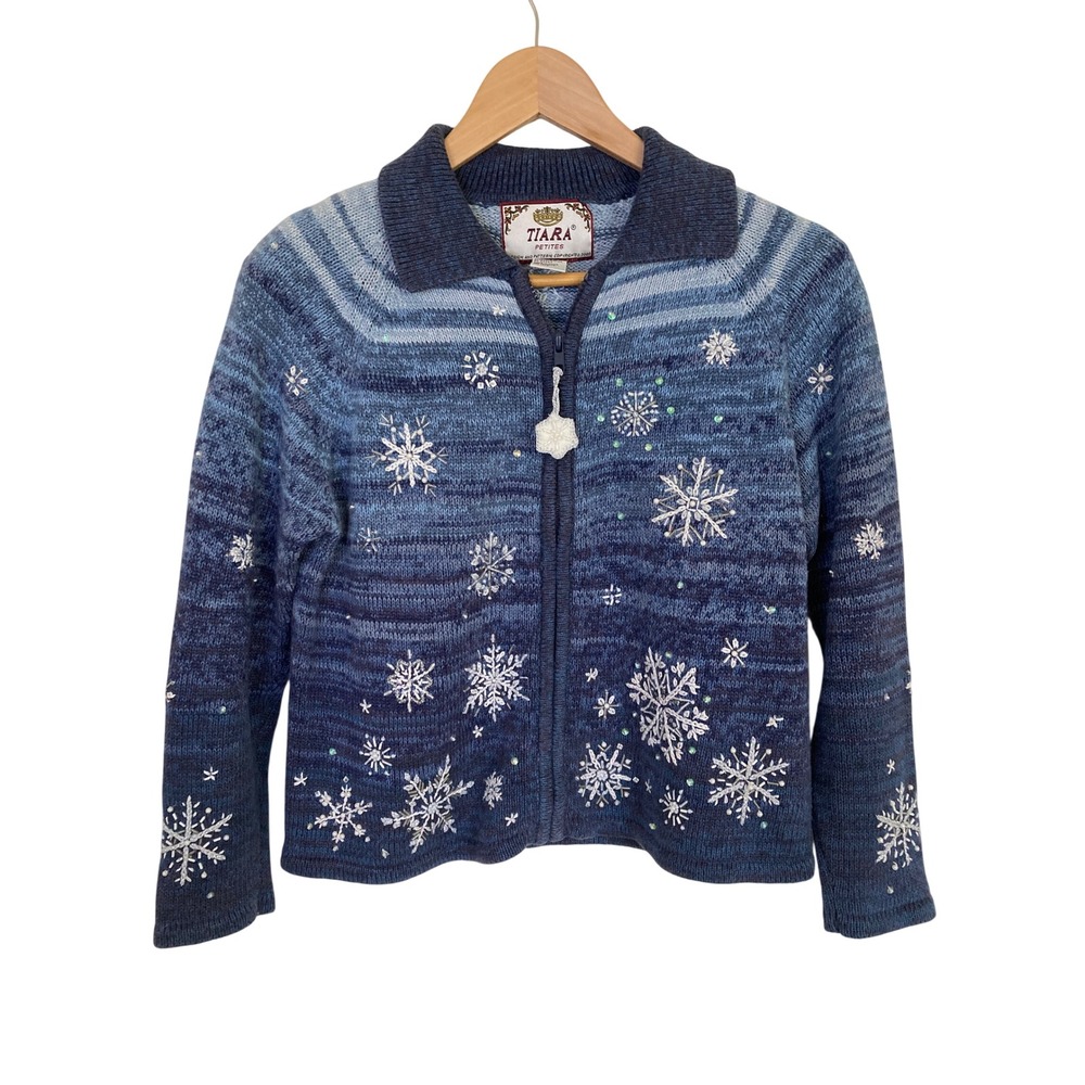 Tiara Petites Blue Ombre Snowflake Beaded Zip Up Cardigan Sweater Vintage PS